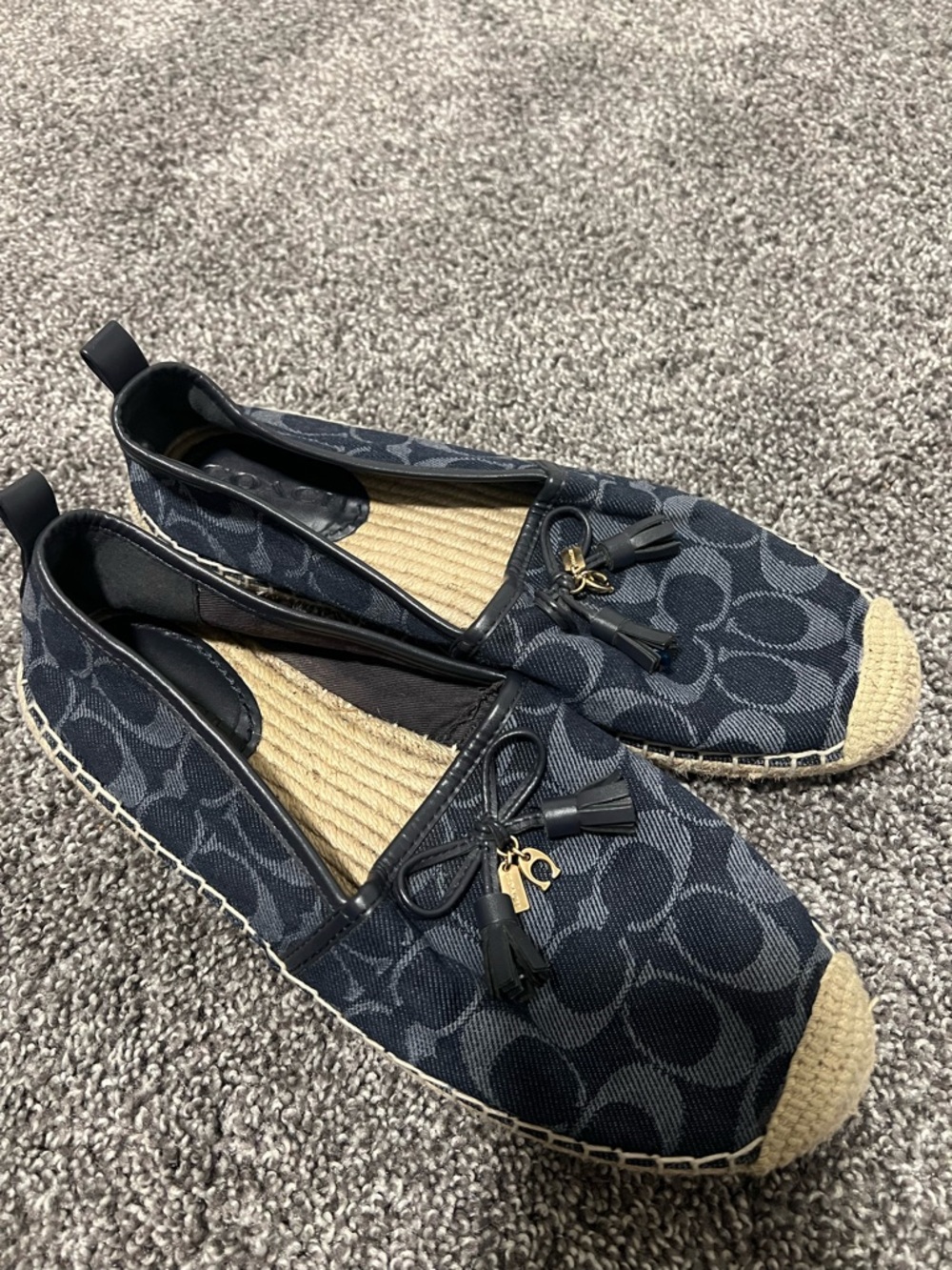 Coach Navy Signature Canvas Espadrille Flats with Tassel Accents